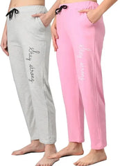 Cotton Blend Straight Fit Trouser for Women (Grey & Pink, M) (Pack of 2)